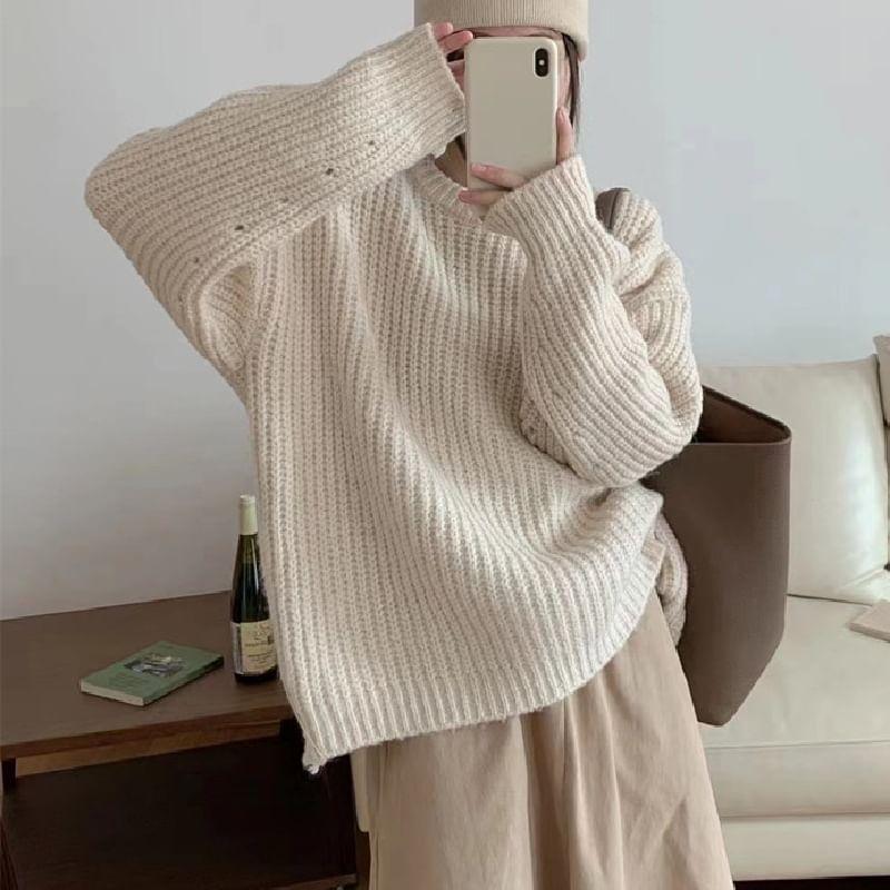 Round Neck Plain Chunky Knit Sweater Product Image