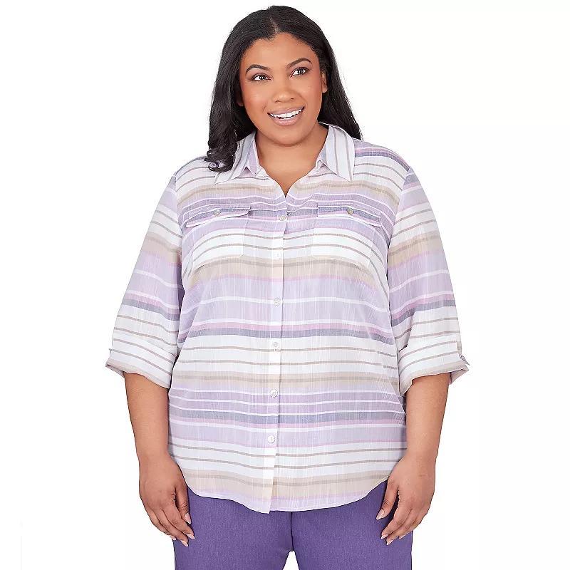 Plus Size Alfred Dunner Horizontal Stripe Button Down Collared Top, Womens Purple Product Image