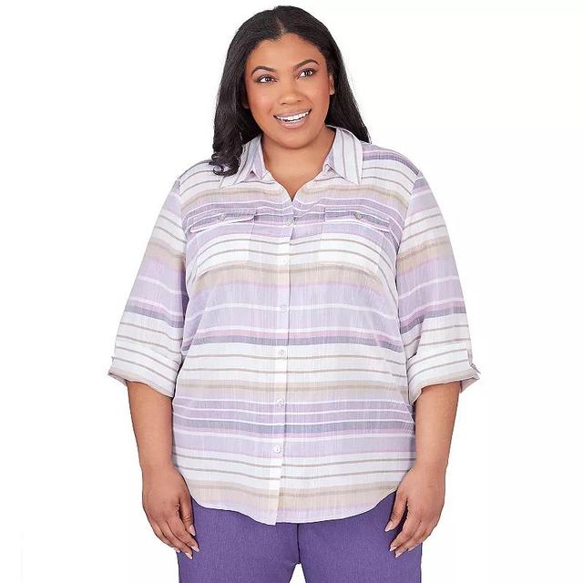 Plus Size Alfred Dunner Horizontal Stripe Button Down Collared Top, Womens Purple Product Image