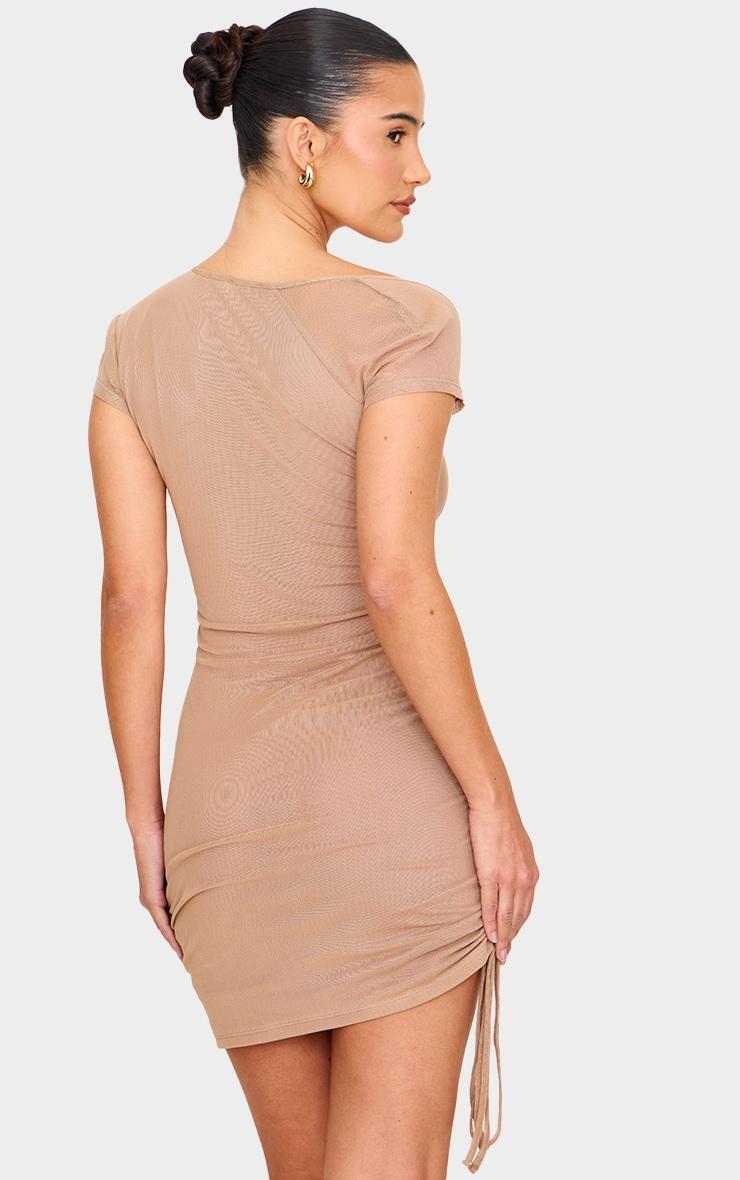 Mocha Double Layered Mesh Ruched Mini Dress Product Image