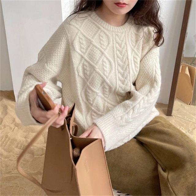 Crew Neck Plain Cable Knit Sweater Product Image