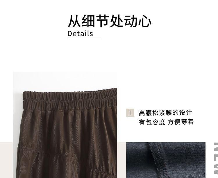 High Waist Plain Ruched Faux Leather Midi A-Line Skirt Product Image