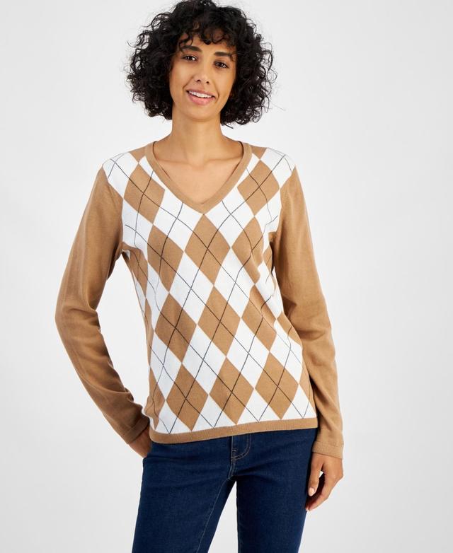 Tommy Hilfiger Womens Cotton Argyle V-Neck Sweater Product Image