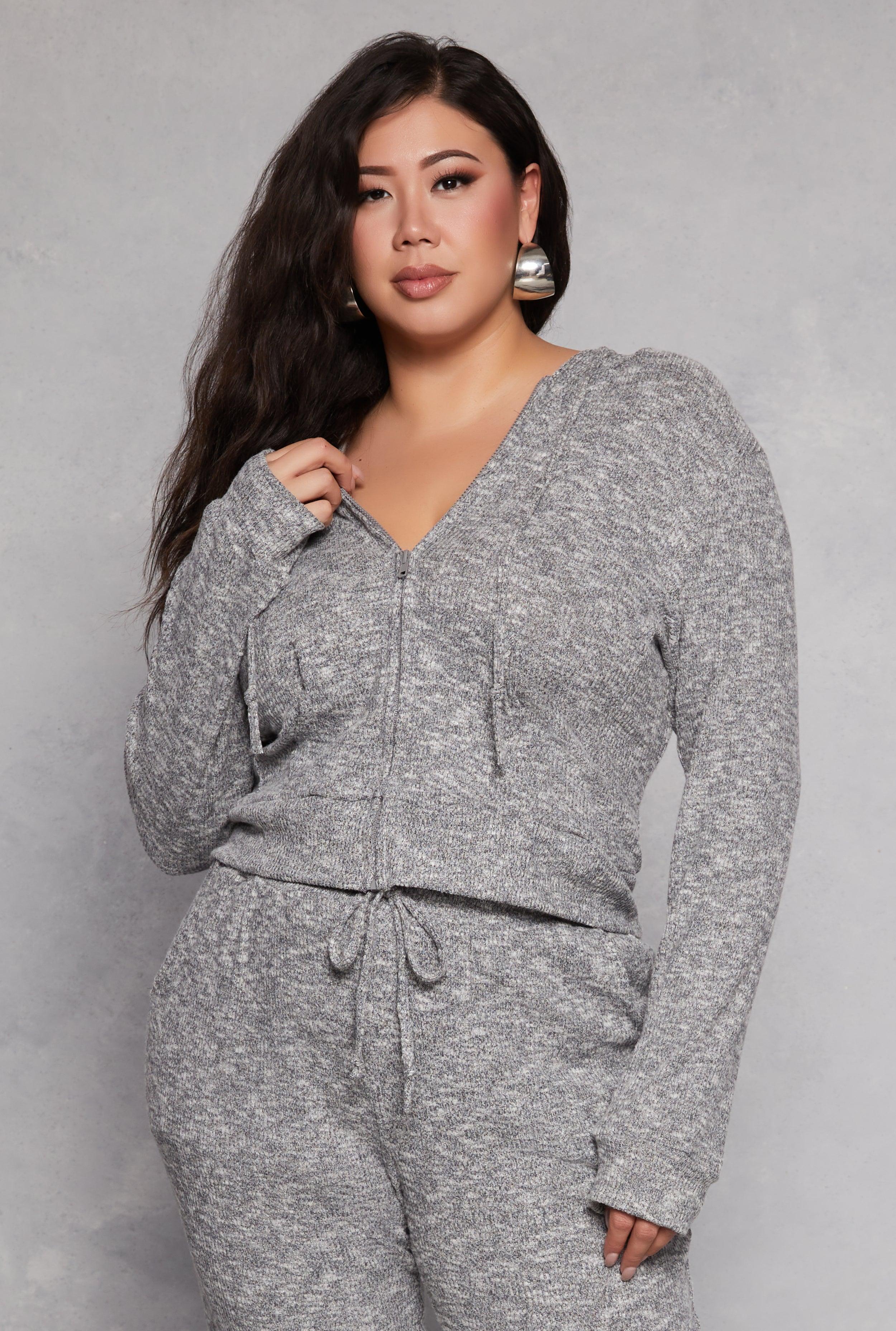 Womens Plus Size Daisy Brushed Knit Zip Front Hoodie Product Image