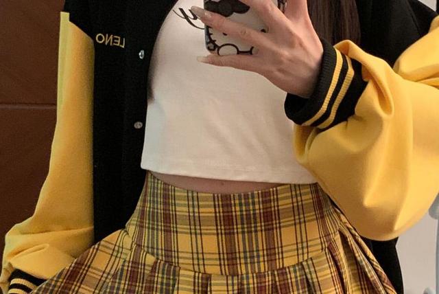 Lettering Embroidered Button Baseball Jacket / High Waist Plaid Pleated Mini A-Line Skirt Product Image