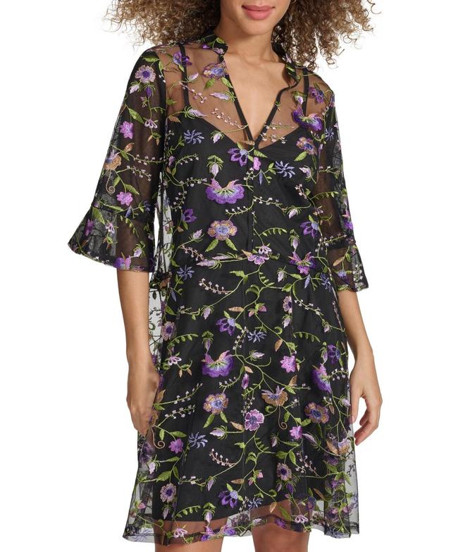 kensie Womens Embroidered-Mesh Dress Product Image