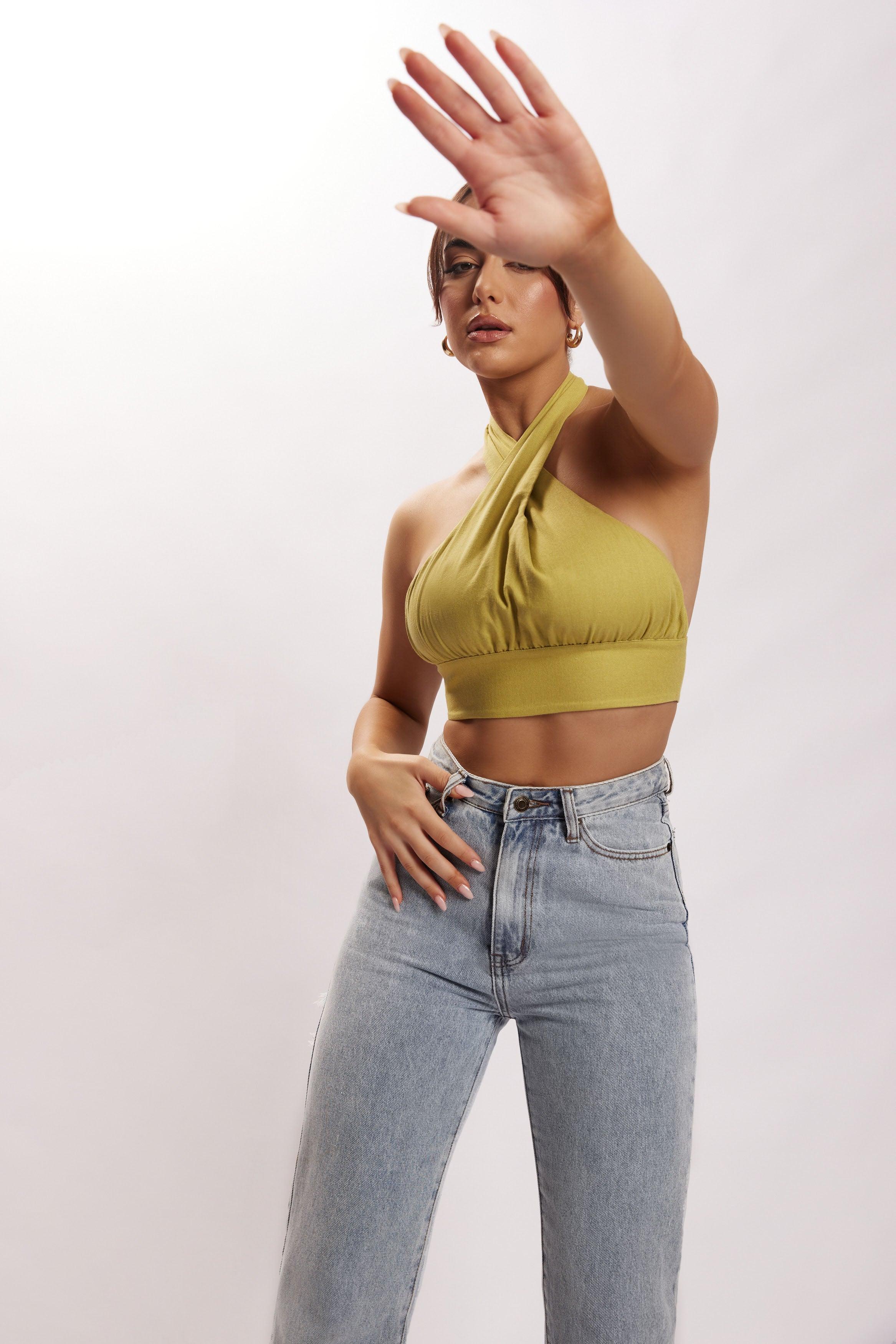 Piper Halter Neck Linen Crop Top - Apple Product Image