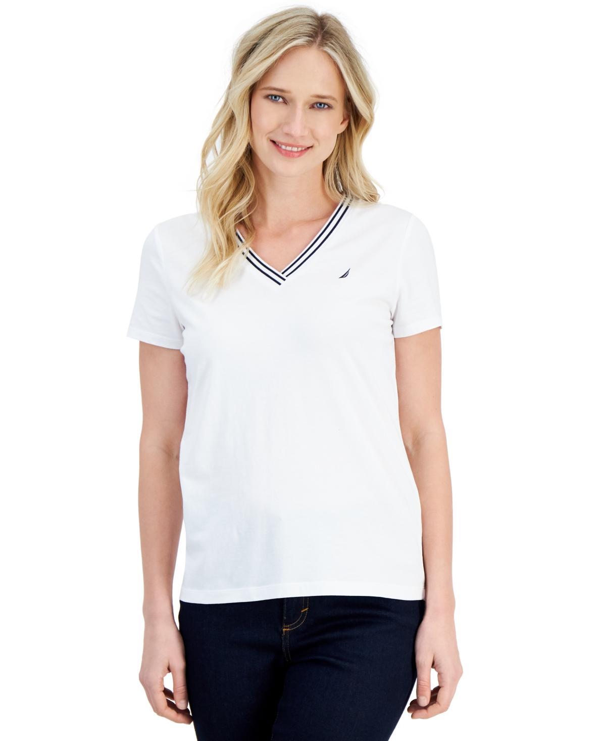 Nautica Jeans Womens Solid Stripe-Trim V-Neck Product Image