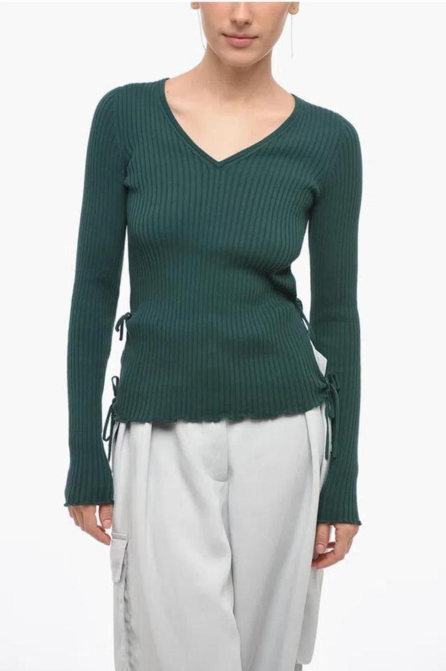 Ribbed V-neckline Sweater With Lace-up Detail In Green Product Image