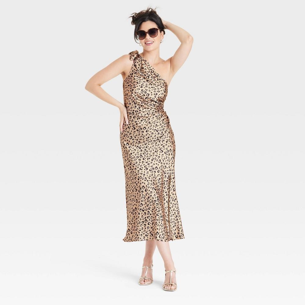 Women's One Shoulder Midi Dress - A New Day™ Brown Leopard Print M Product Image