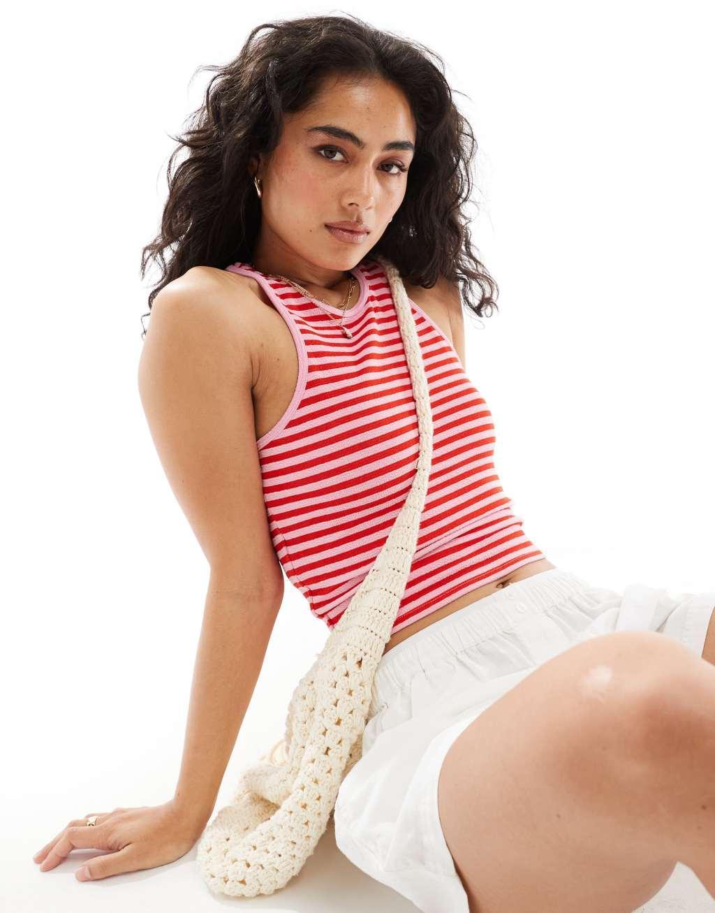 Mango stripe toweling tank top in pink and red Product Image