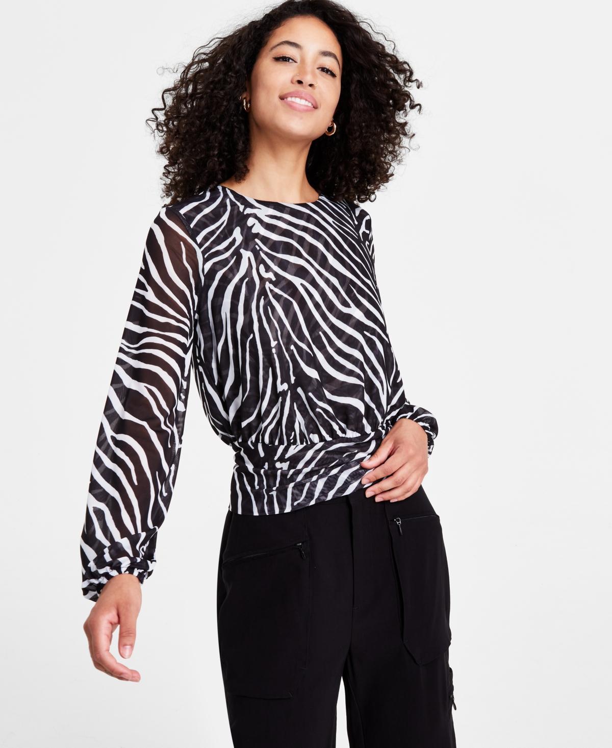 Bar Iii Womens Printed Crewneck Long-Sleeve Mesh Top, Created for Macys Product Image