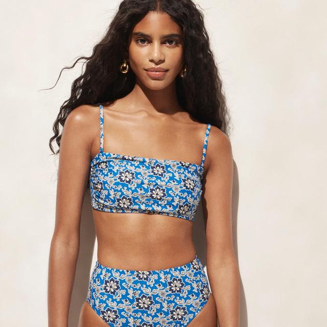 Ruched bandeau bikini top in cobalt floral Product Image