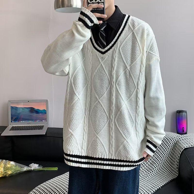 V-Neck Contrast Trim Cable Knit Sweater Product Image