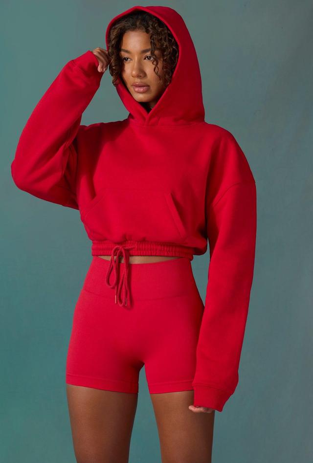 Cropped Drawstring Hooded Sweatshirt in Tango Red Product Image