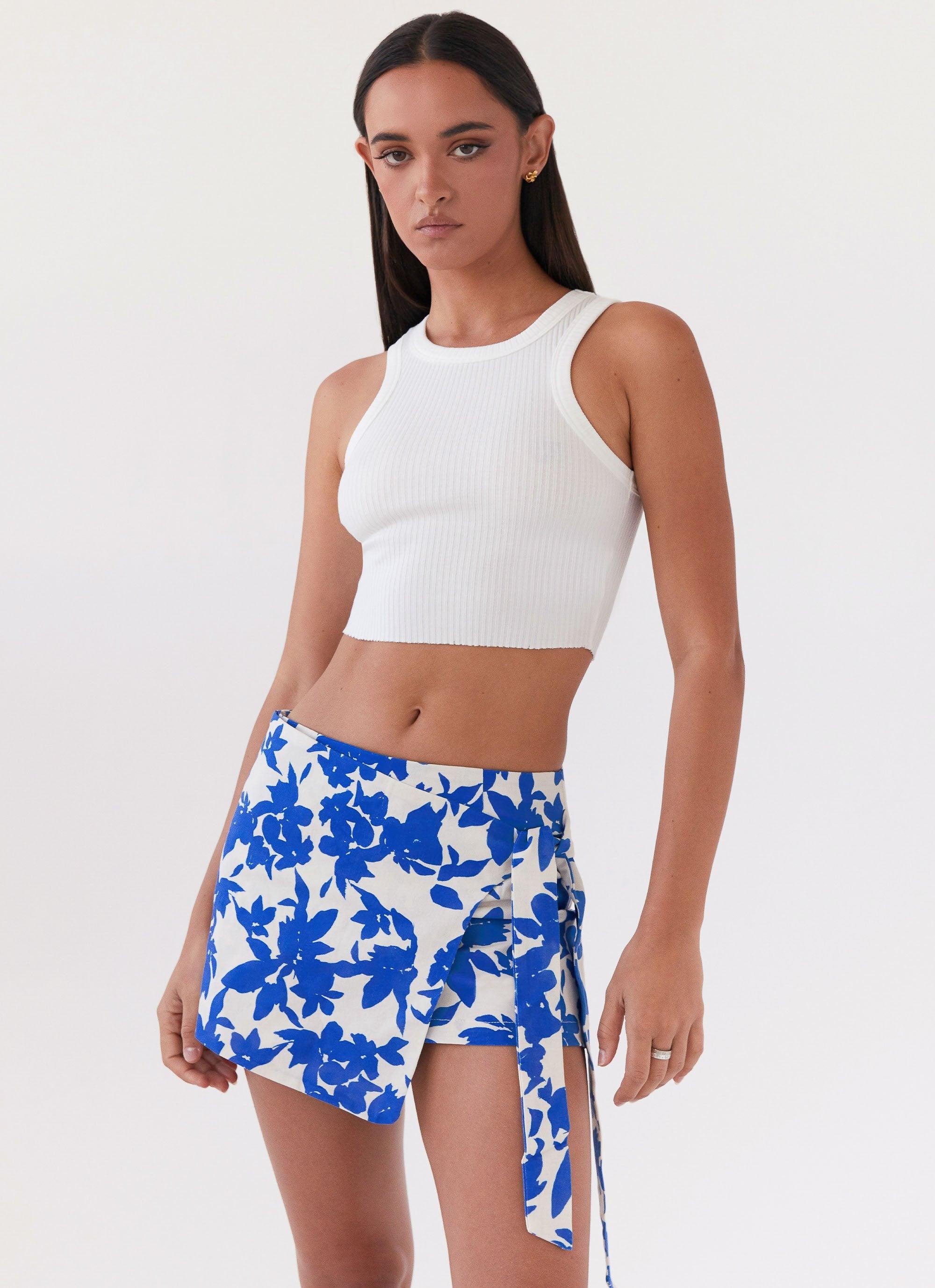 Steal Away Linen Wrap Skirt - Blue Floral product image