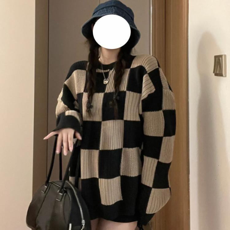 Crew Neck Checkerboard Oversized Sweater Product Image