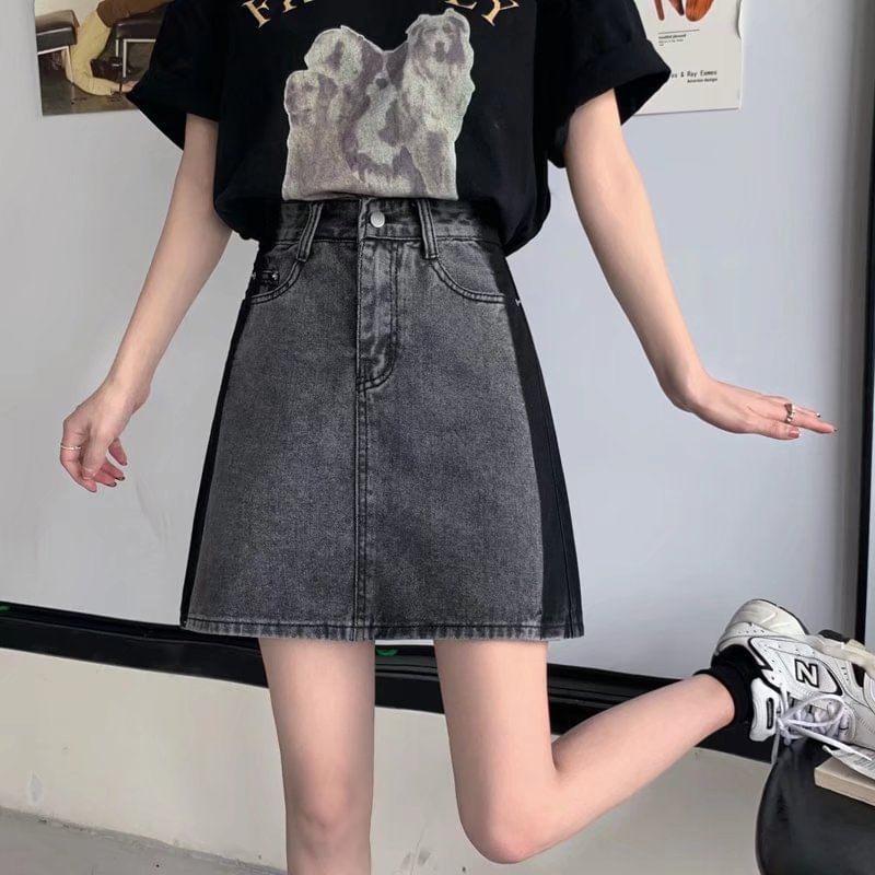 High Waist Denim Mini A-Line Skirt Product Image