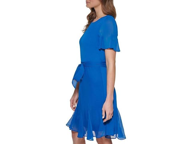 DKNY Godet Short Sleeve and Skirt w/ Tie Waist Dress Lagoon) Women's Clothing Product Image