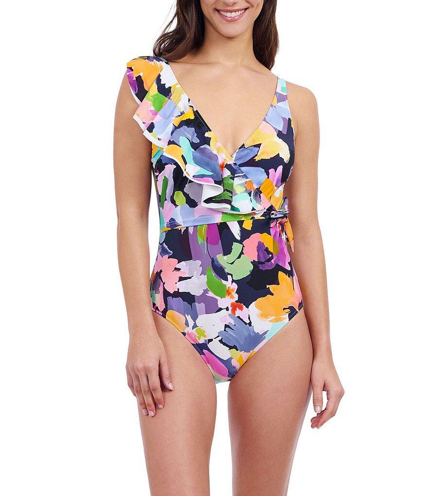 Profile By Gottex Holi Abstract Floral Print Ruffle Surplice V-Neck Tummy Control One-Piece Swimsuit Product Image