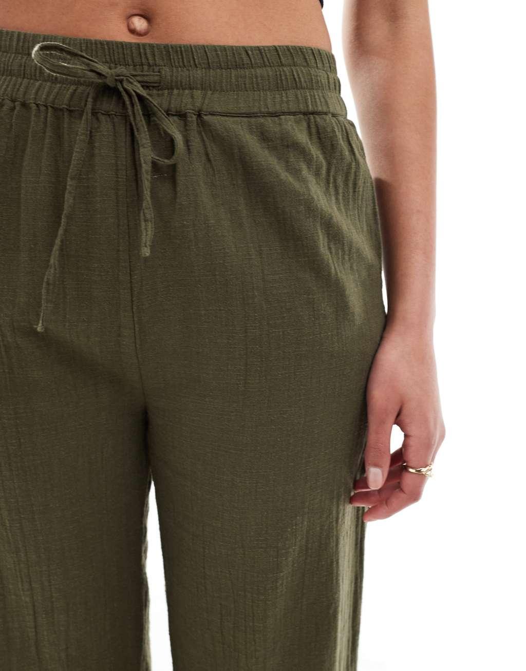 ONLY Tall linen texture wide leg pants in khaki  Product Image