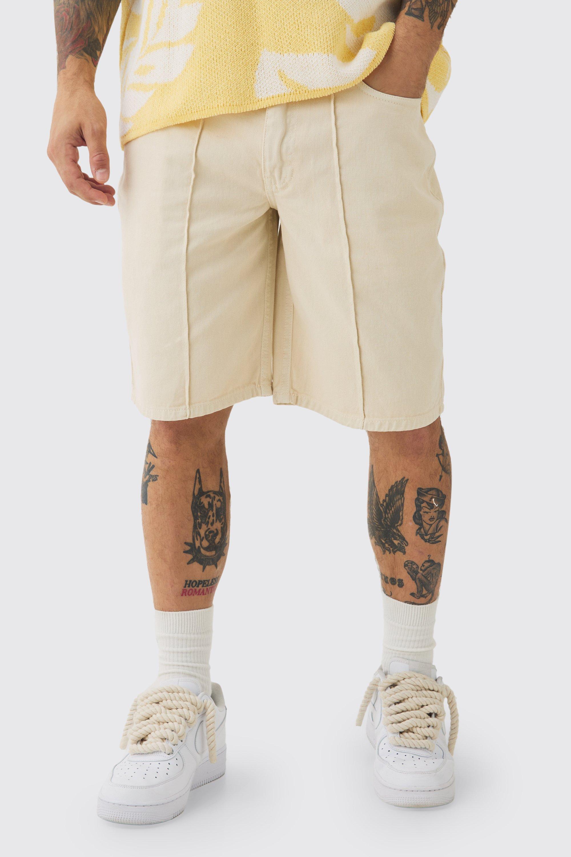 Mens Cream Fixed Waist Relaxed Pintuck Shorts, Cream Product Image