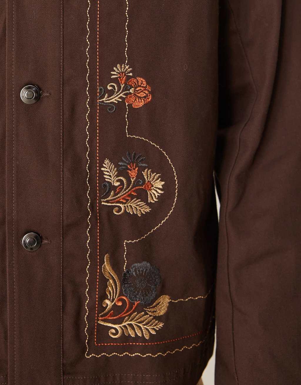 ASOS DESIGN embroidered harrington jacket in brown Product Image