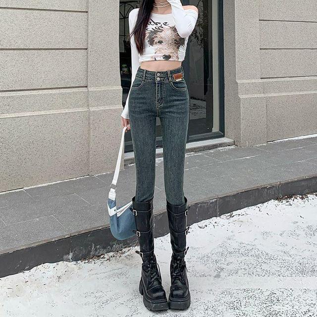 High Rise Washed Applique Skinny Jeans Product Image