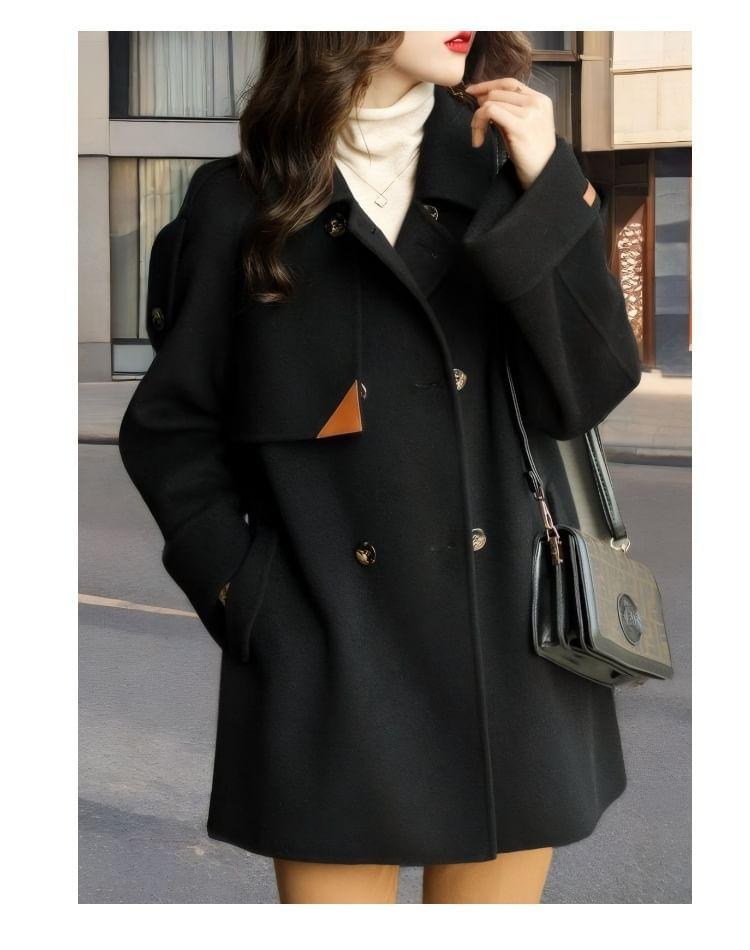 Collared Double Breasted Plain Coat Product Image