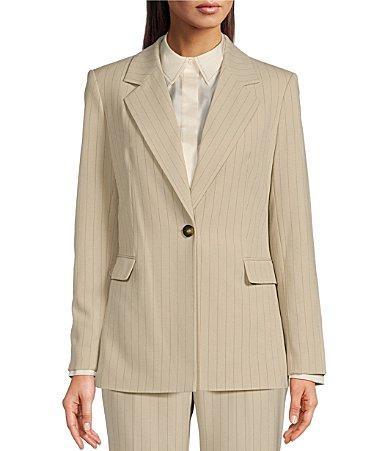 DKNY by Donna Karan Plain Woven Stripe Notch Collar Flap Pocket Coordinating Blazer Jacket Product Image