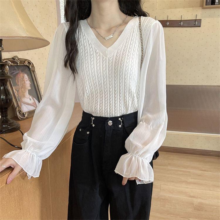 Long-Sleeve V-Neck Cable Knitted Panel Blouse Product Image