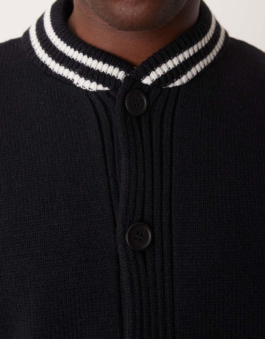 ASOS DESIGN oversized boxy fit knitted bomber cardigan in navy with white tipping Product Image