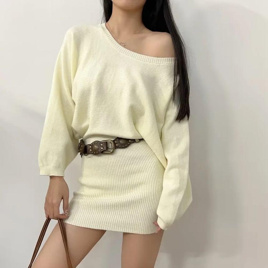 Off Shoulder Plain Mini Sweater Dress Product Image