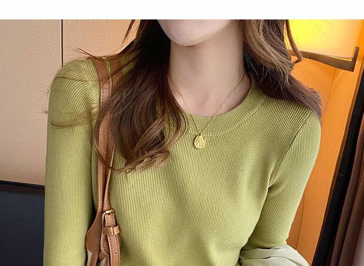 Long-Sleeve Round Neck Plain Ribbed Knit Top Product Image