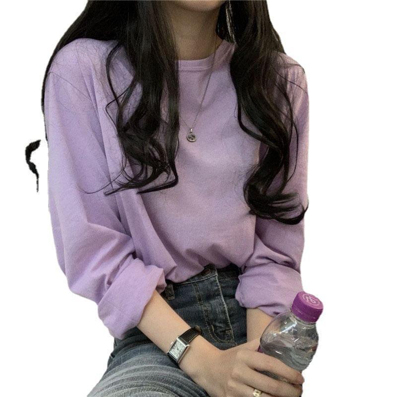 Long-Sleeve Round Neck Plain Tee Product Image