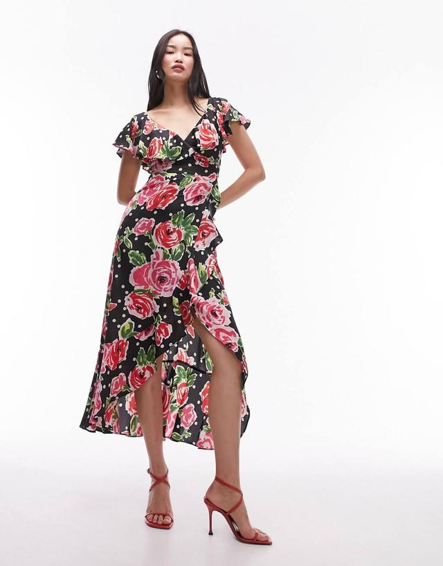 Topshop frill wrap maxi dress in red rose print Product Image