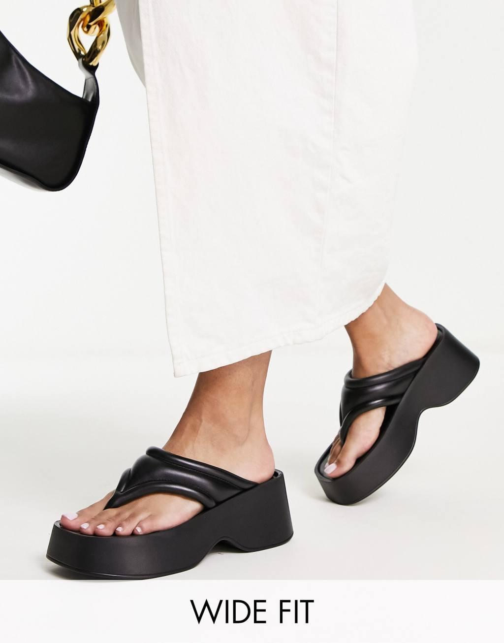 London Rebel Wide Fit flatform toe thong sandals in black Product Image