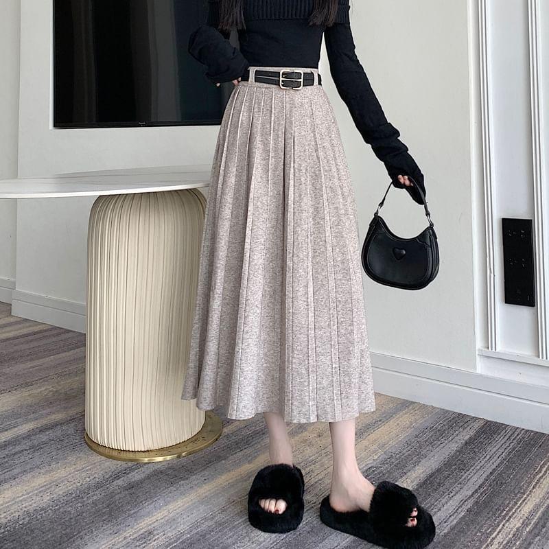 High Waist Plain Accordion Pleated Knit Maxi A-Line Skirt Product Image