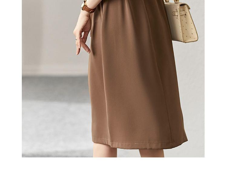 Long-Sleeve Round Neck Plain Sashed Midi A-Line Dress Product Image