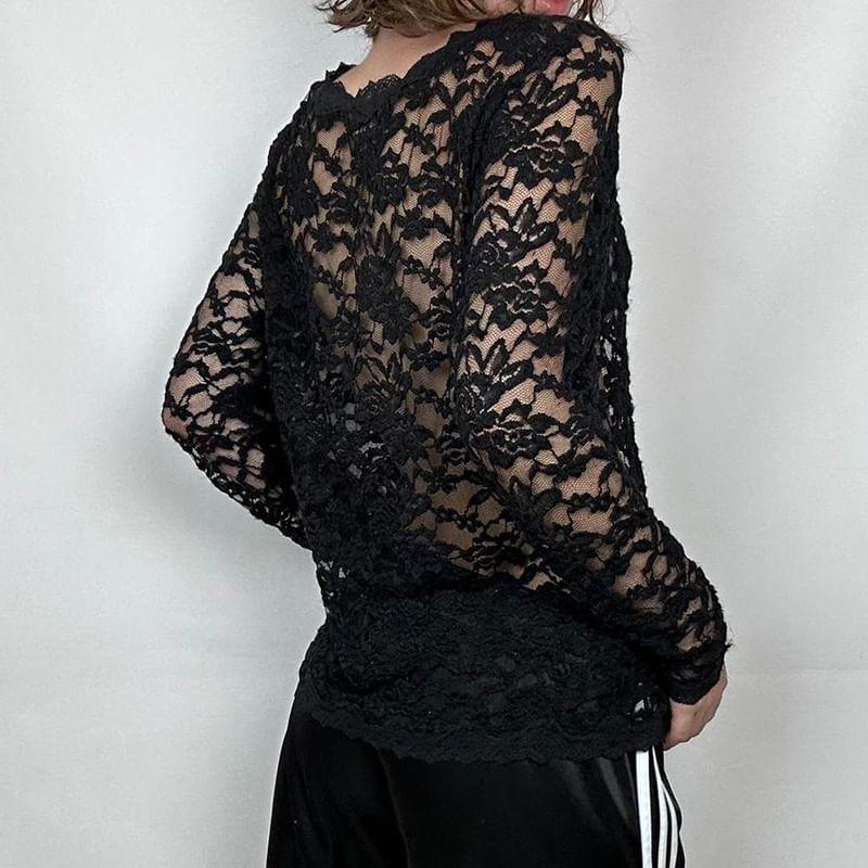 Long-Sleeve V-Neck Floral Lace Crop Top Product Image