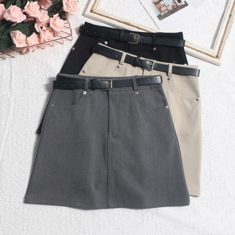 High Waist Plain Belted Mini A-Line Skirt Product Image