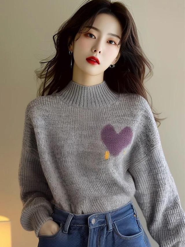 Mock Neck Heart Jacquard Sweater Product Image