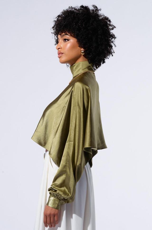 SATIN MOCK NECK BLOUSE IN OLIVE Product Image