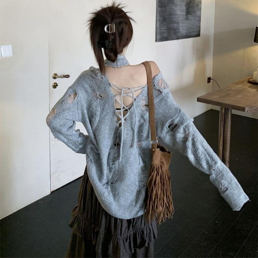 Long Sleeve Plain Distressed Loose-Fit Sweater with Scarf / High Rise Plain Ruffled Maxi A-Line Skirt Product Image