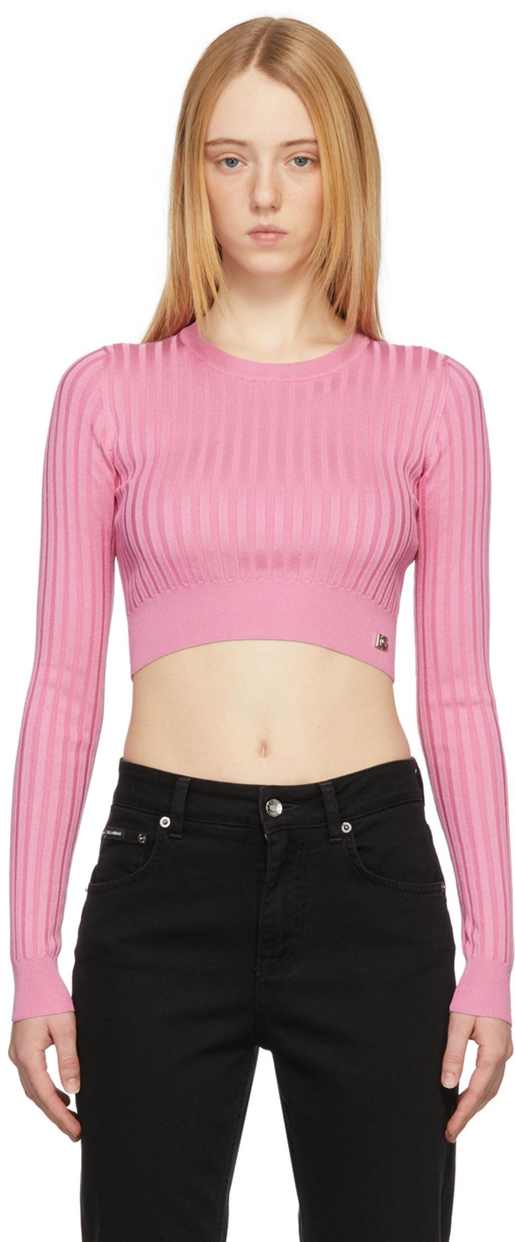 Dg Ribbed-knit Silk Cropped Sweater In Pink & Purple Product Image