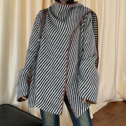 Faux Leather Panel Striped Wrap Coat Product Image