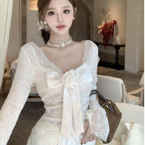 Long Sleeve V-Neck Plain Bow Lace Top / High Waist Ruffle Mini A-Line Skirt Product Image