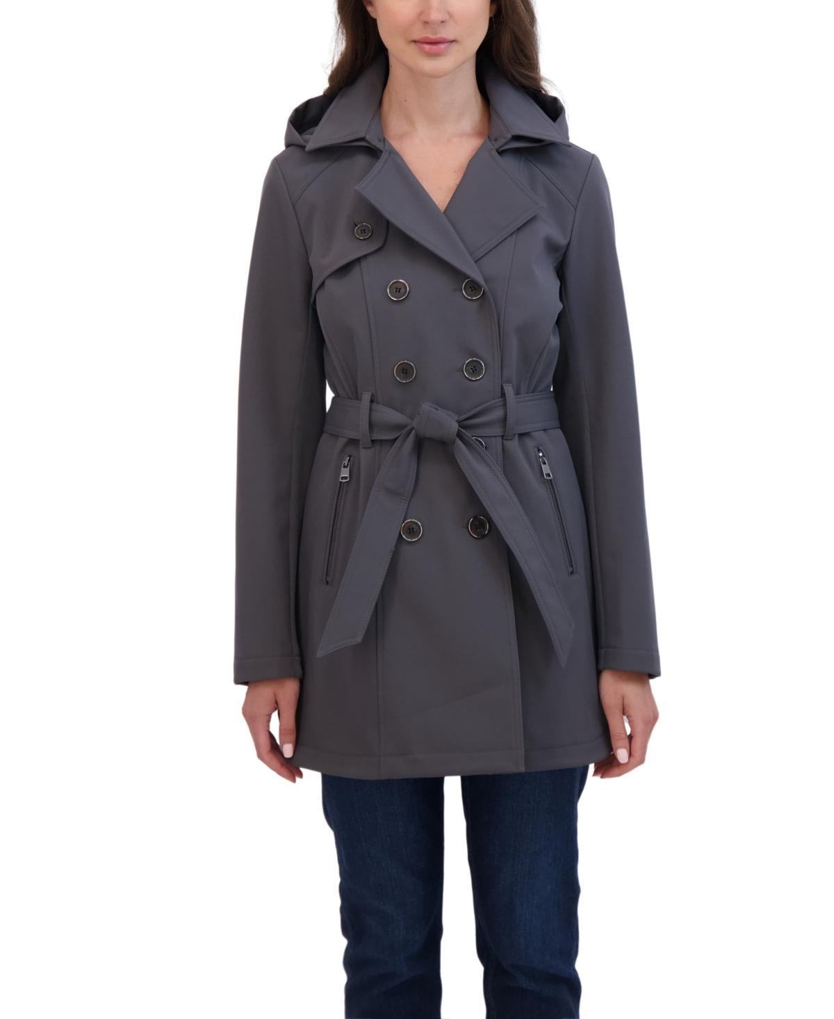 Sebby Collection Womens Belted Double Breasted Soft Shell Trench Coat With Detachable Hood Product Image