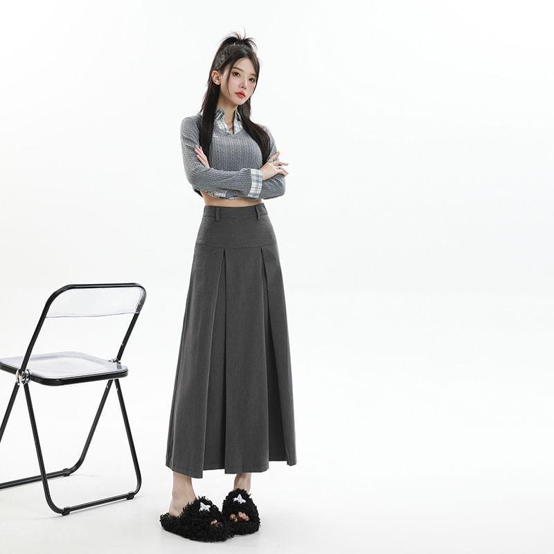 High Rise Plain Midi Pleated A-Line Suit Skirt Product Image