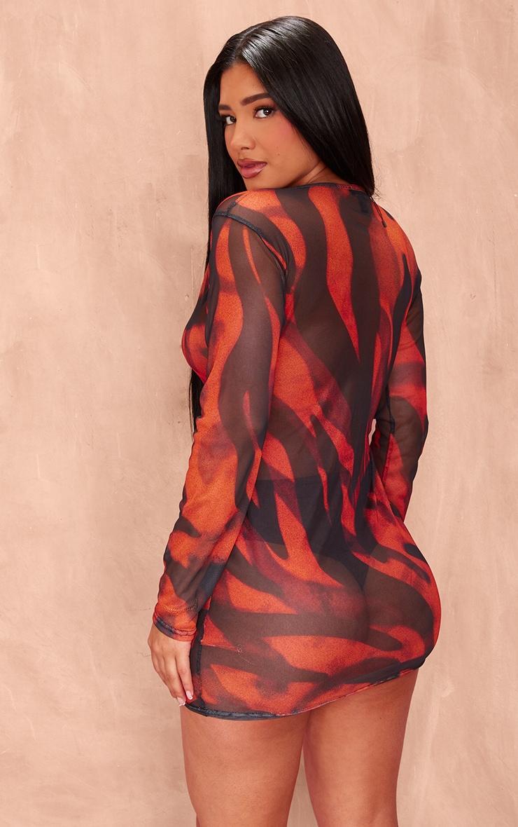 Shape Orange Printed Mesh Long Sleeve Ring Detail Bodycon Dress Product Image